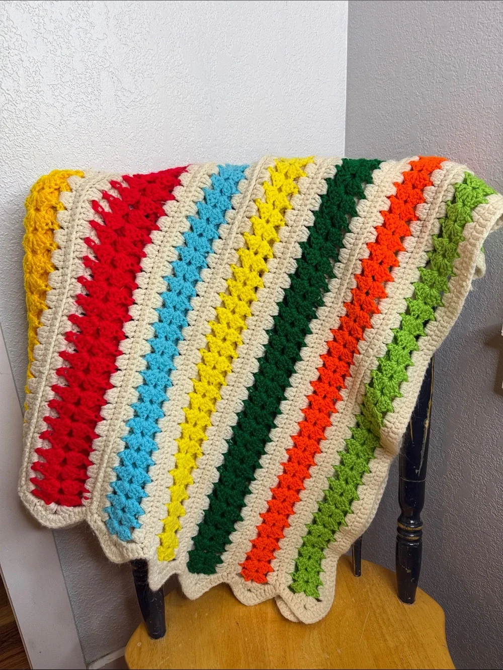 Handmade Crochet Rainbow Throw Blanket Afghan Scalloped Edge Cottagecore Boho